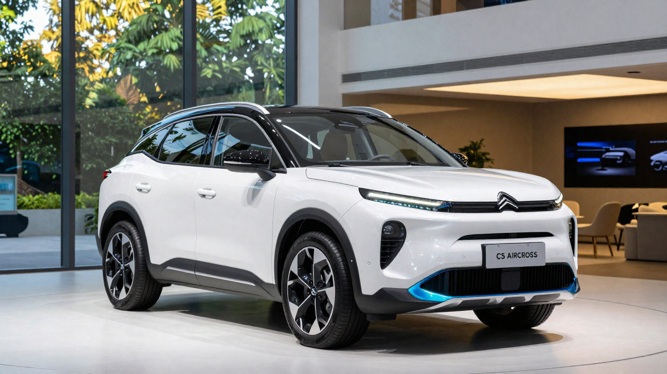 SUV Citroën C5 Aircross branco exibido em interior de concessionária moderna.