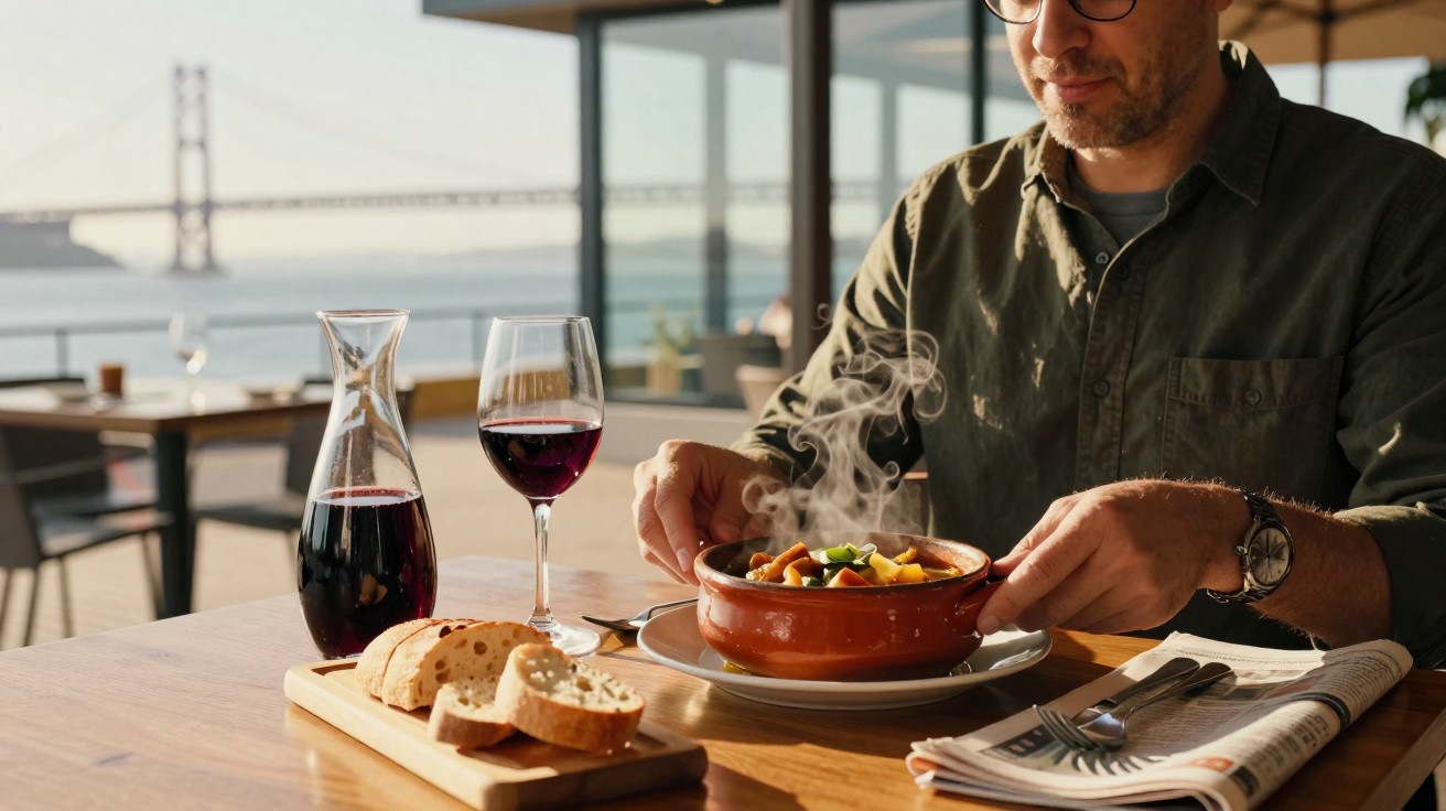 Homem com barba a comer sopa quente com vinho tinto e pão, com vista para a ponte suspensa ao fundo.