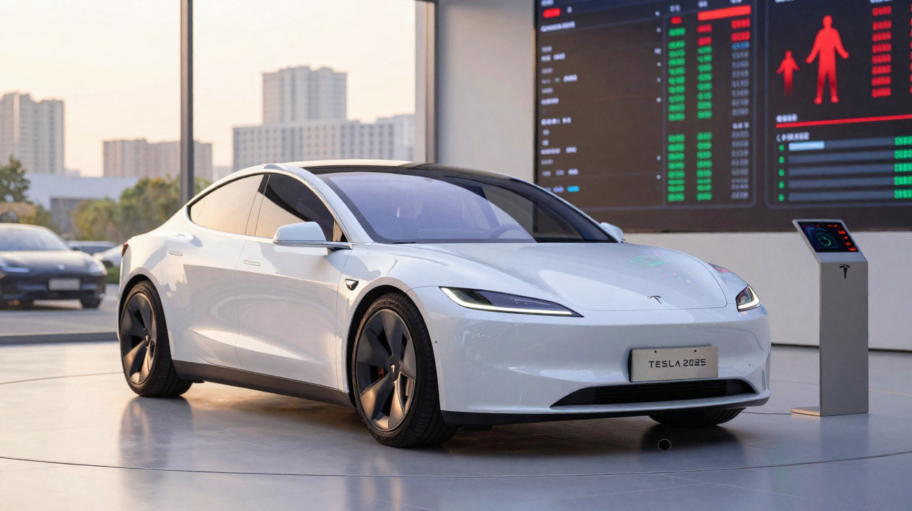 Carro elétrico branco Tesla 2025 estacionado em showroom moderno com ecrã digital e janela panorâmica.