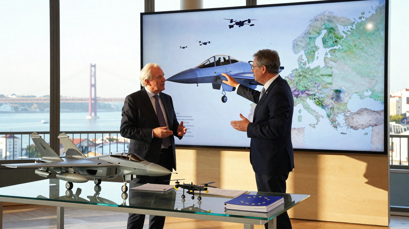 Duas pessoas em fato discutem em frente a modelos e ecrã de jato militar e drones numa sala moderna.
