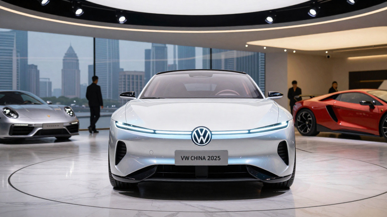 Carro elétrico branco Volkswagen VW China 2025 em exposição com carros desportivos ao fundo.
