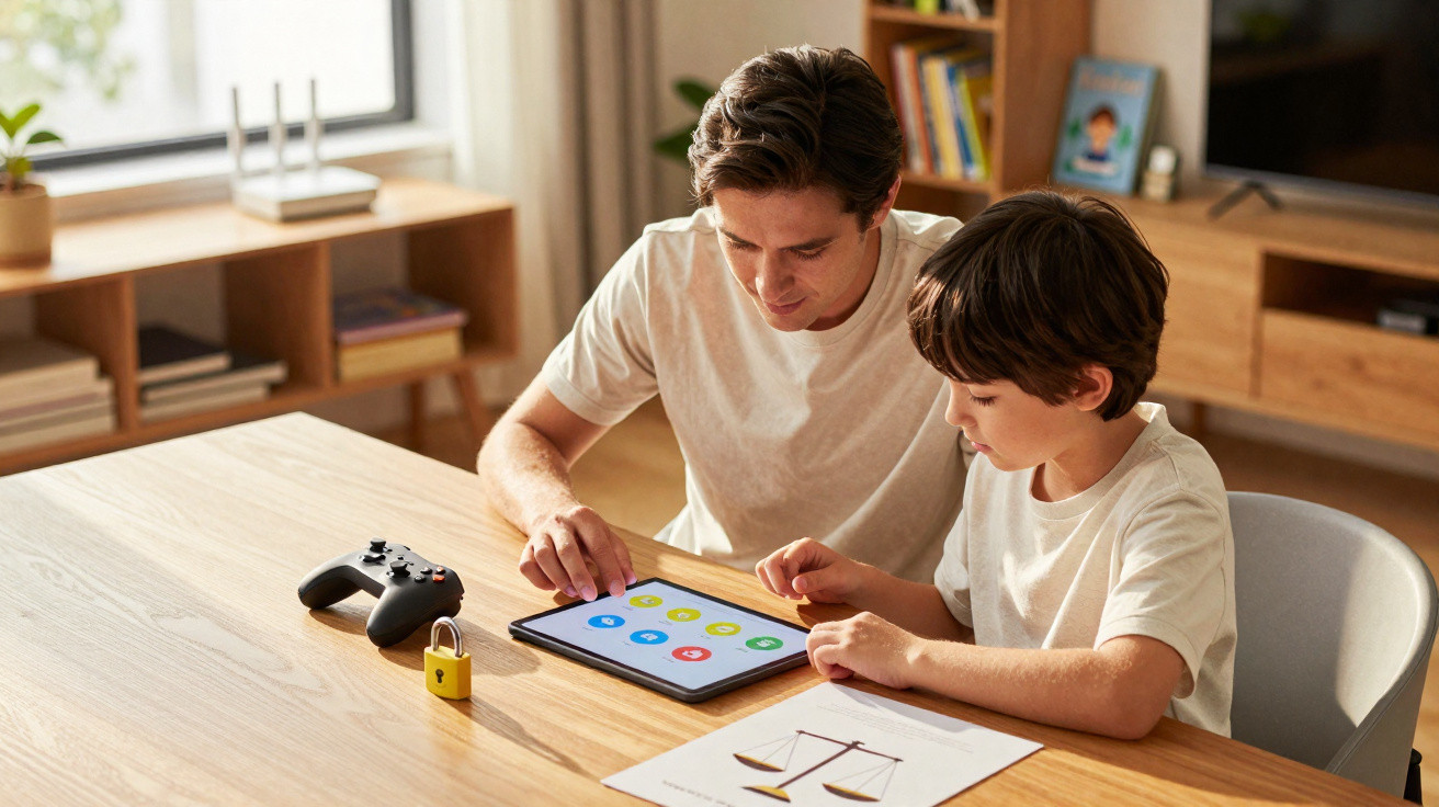 Homem e menino sentados à mesa usam um tablet para aprender enquanto um comando e um cadeado vermelho estão ao lado.