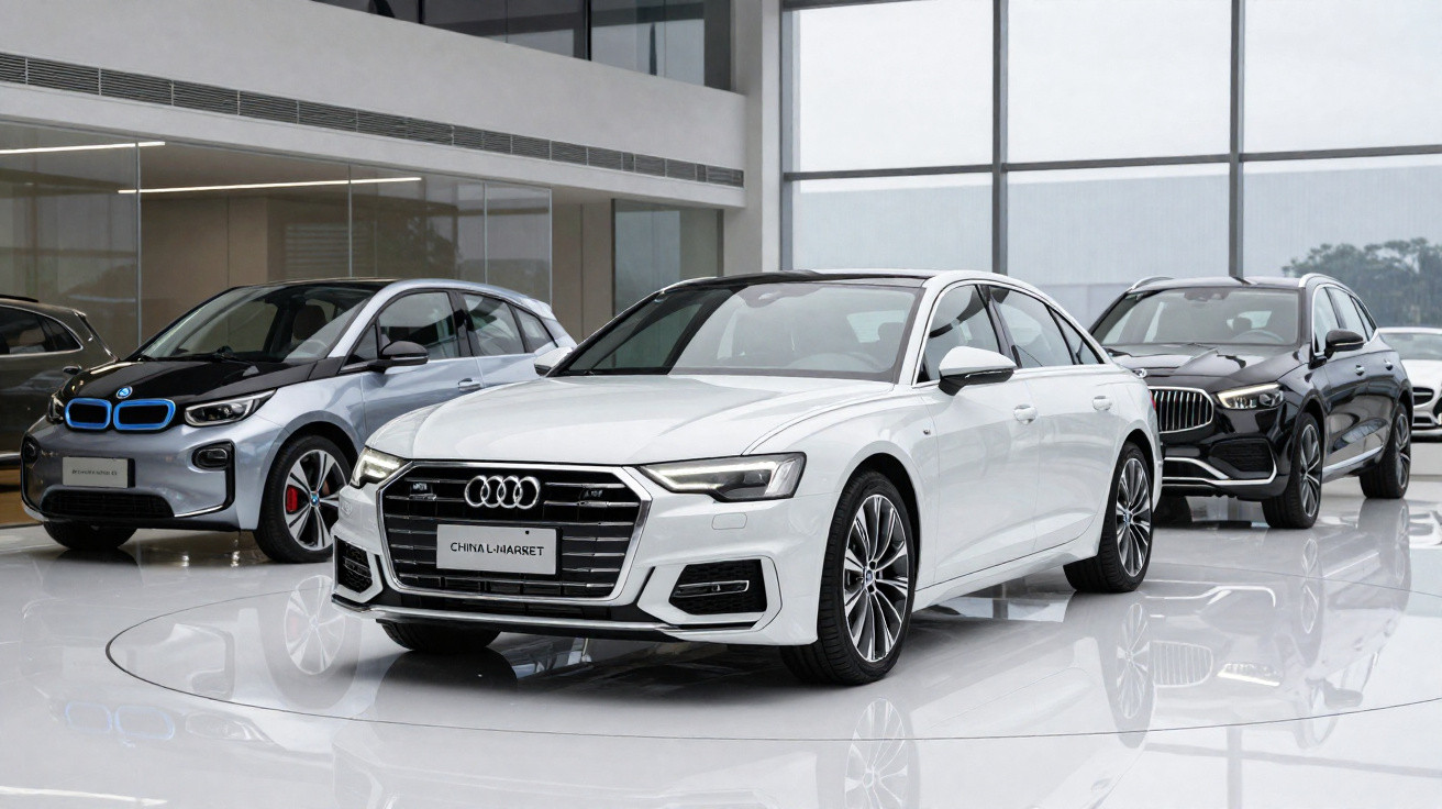 Conjunto de três carros modernos de luxo, branco Audi à frente, prata BMW à esquerda, preto Mercedes atrás.