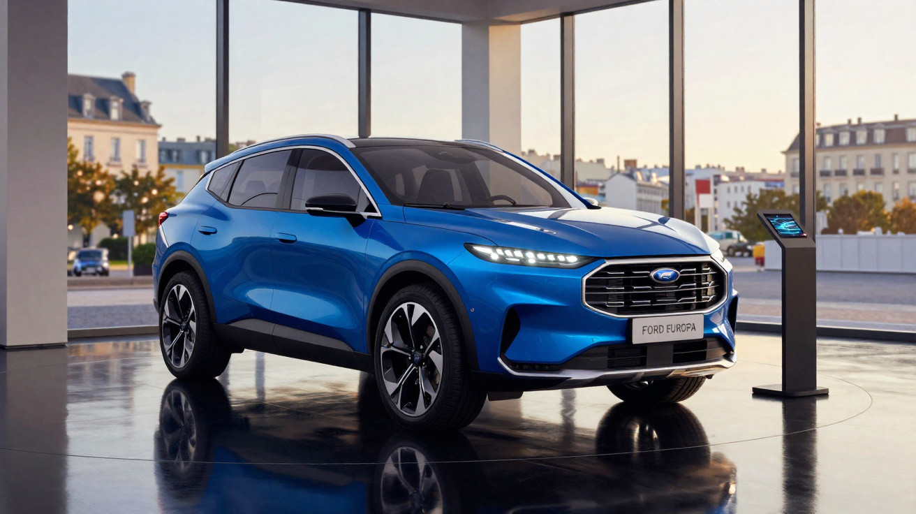 Carro elétrico azul Ford Europa em exibição numa sala com janelas grandes e vista urbana.