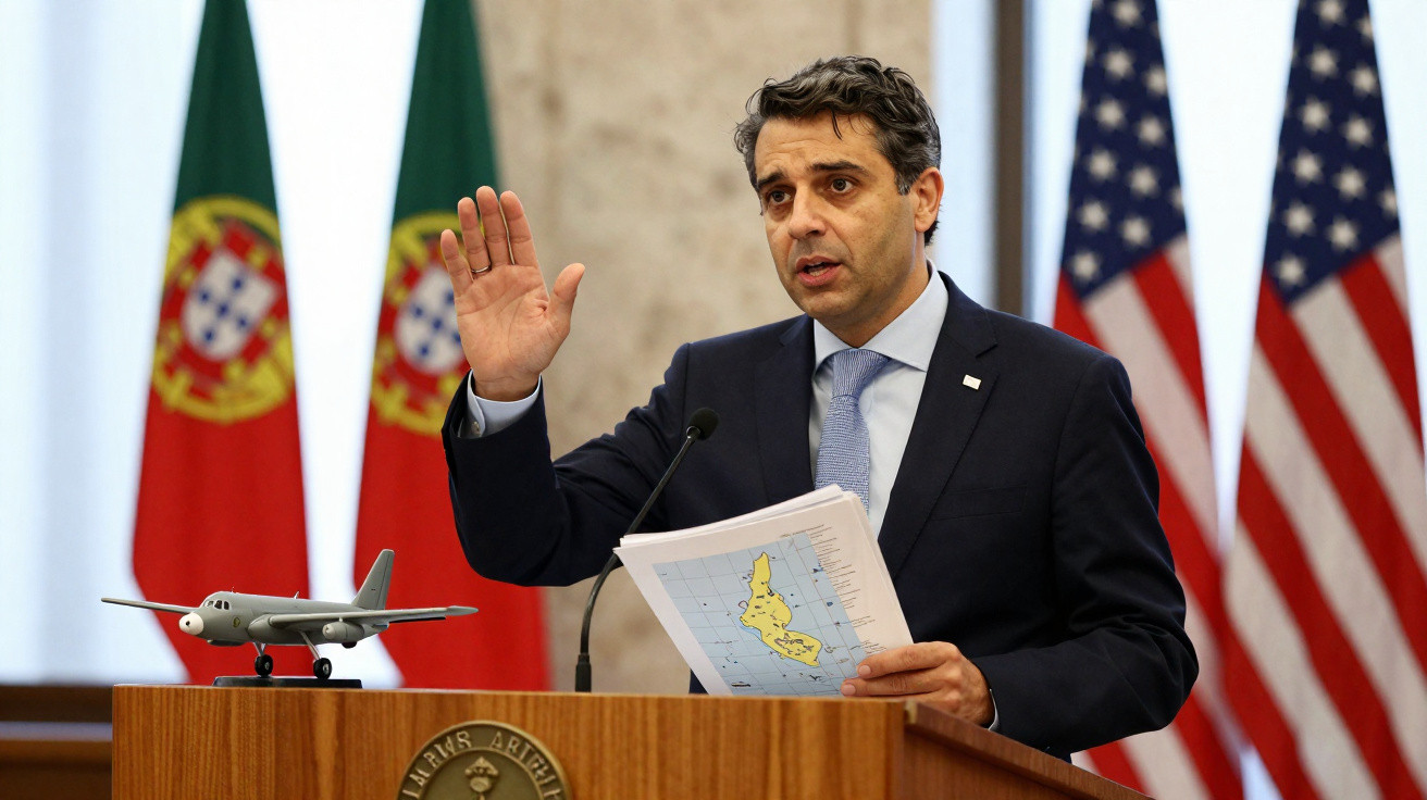Homem em fato, a discursar com a mão levantada, em púlpito com mapa e miniatura de avião, bandeiras de Portugal e EUA ao fund