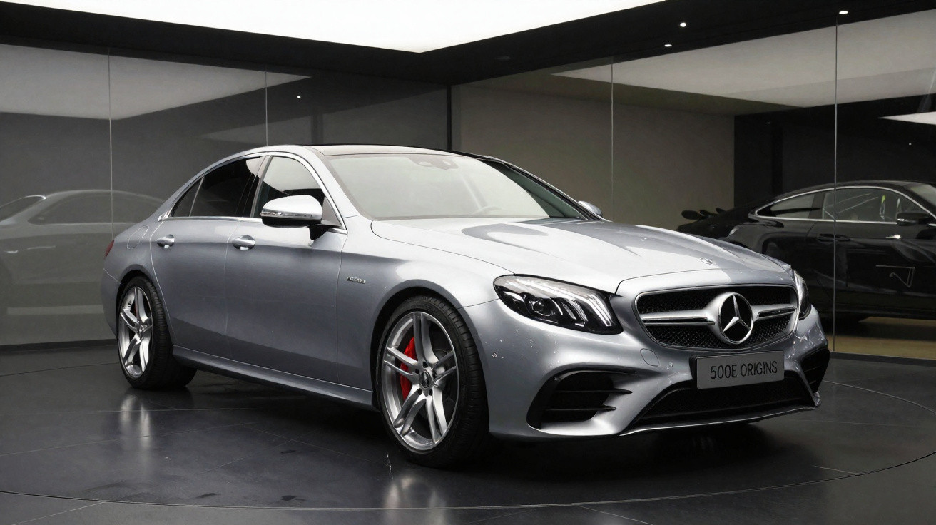 Carro Mercedes-Benz cinza estacionado numa sala moderna com chão escuro e paredes claras.