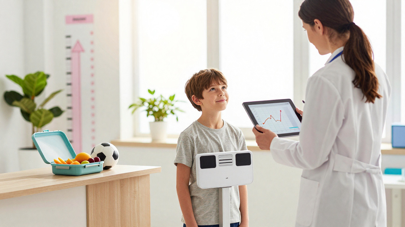 Médica a mostrar gráficos num tablet para menino na consulta, com bola de futebol e lancheira na mesa.