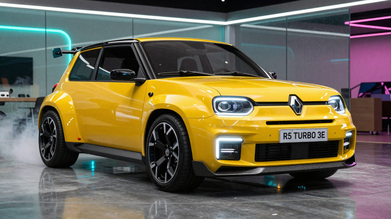 Carro desportivo amarelo Renault R5 Turbo 3E estacionado em ambiente urbano moderno.