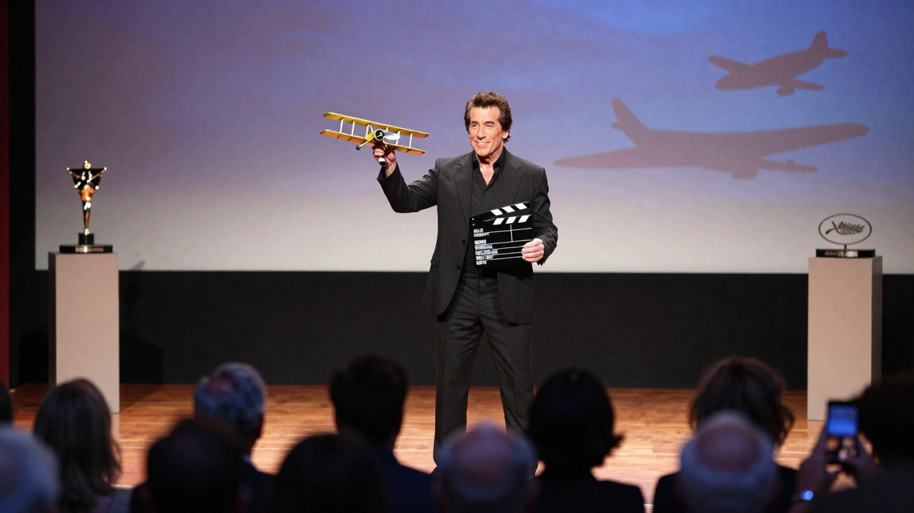 Homem de fato preto segura modelo de avião e claquete num palco com público e prémio ao lado.