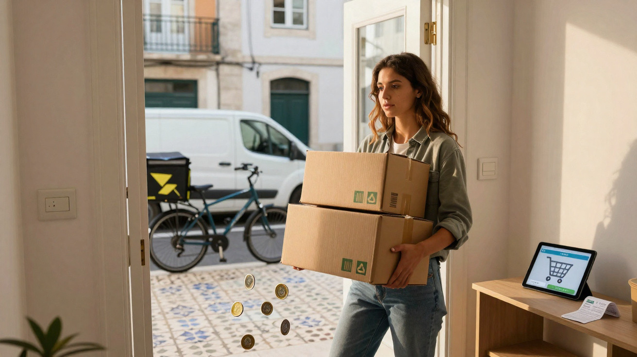 Mulher a receber duas caixas de encomenda em casa, com bicicleta e carrinha ao fundo na rua.