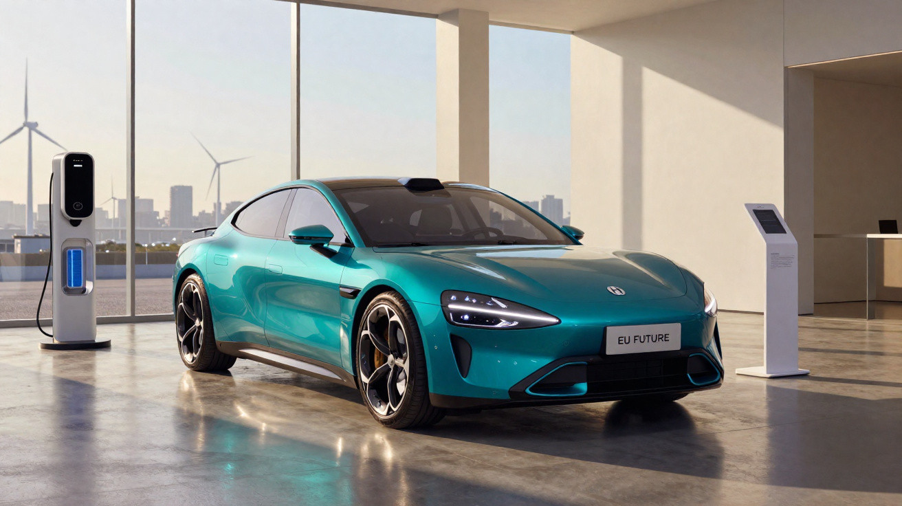 Carro elétrico azul turquesa estacionado em garagem moderna com postos de carregamento e turbinas eólicas ao fundo.