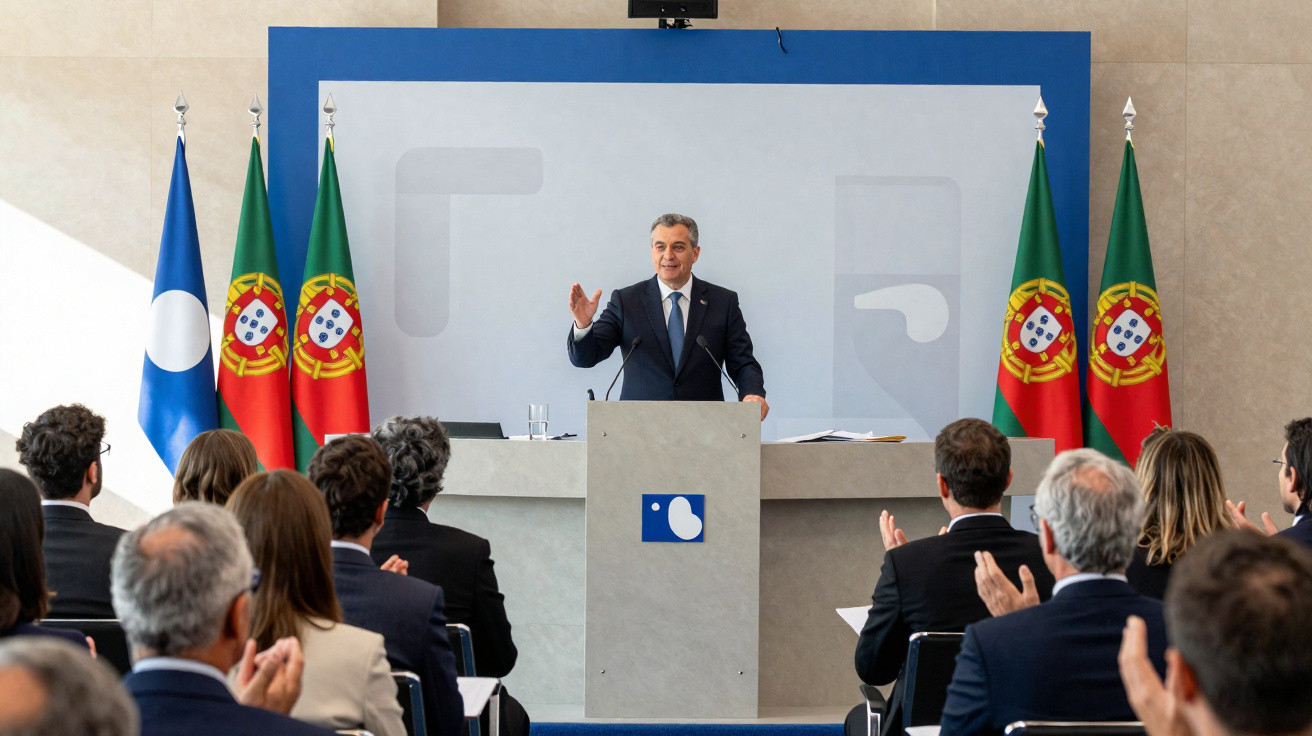 Homem a discursar no púlpito numa sala com pessoas a aplaudir e bandeiras de Portugal à volta.