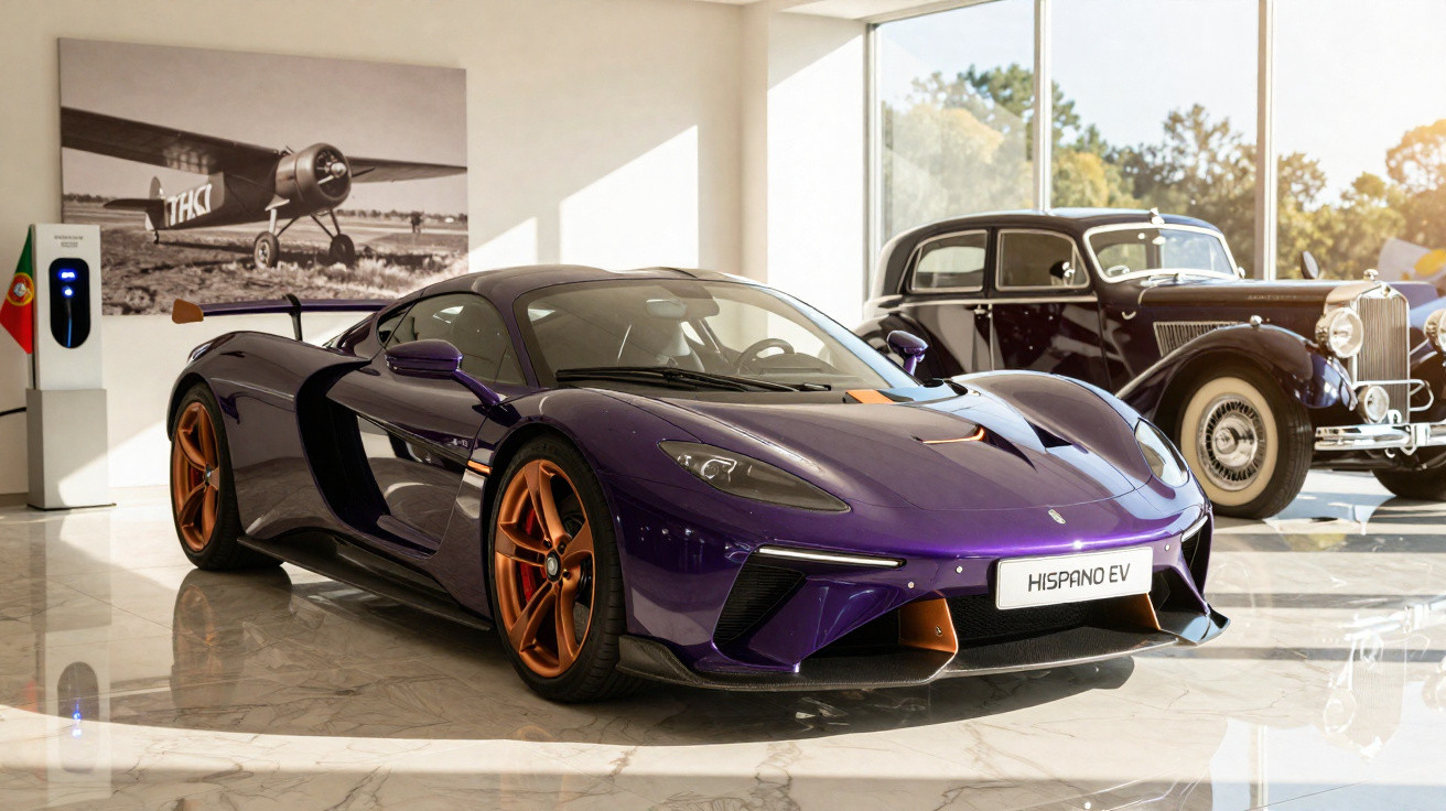 Carro desportivo elétrico Hispano EV roxo reluzente junto a carro clássico preto num interior moderno.