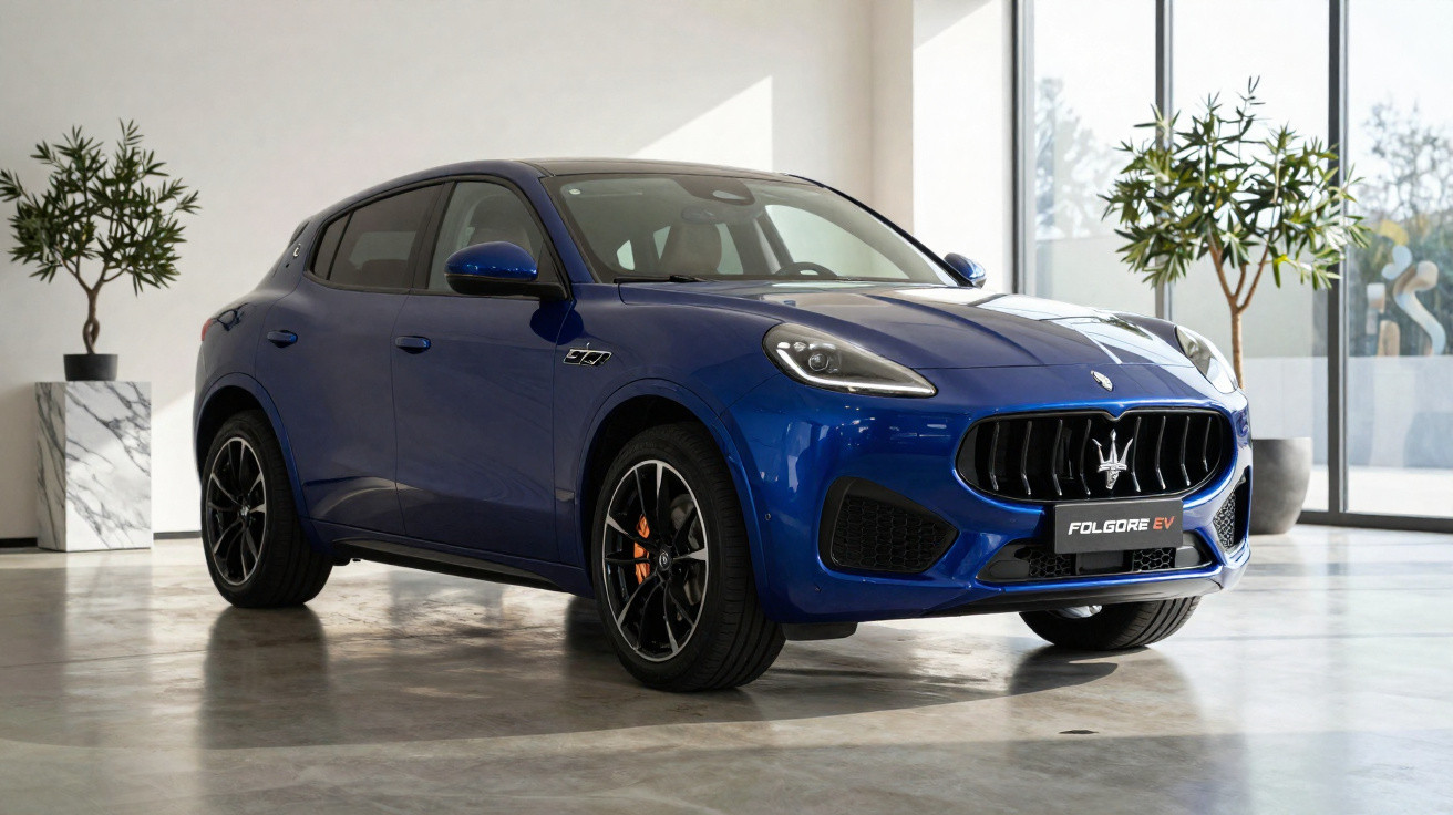 Carro elétrico Maserati Folgore EV azul num showroom moderno com luz natural.
