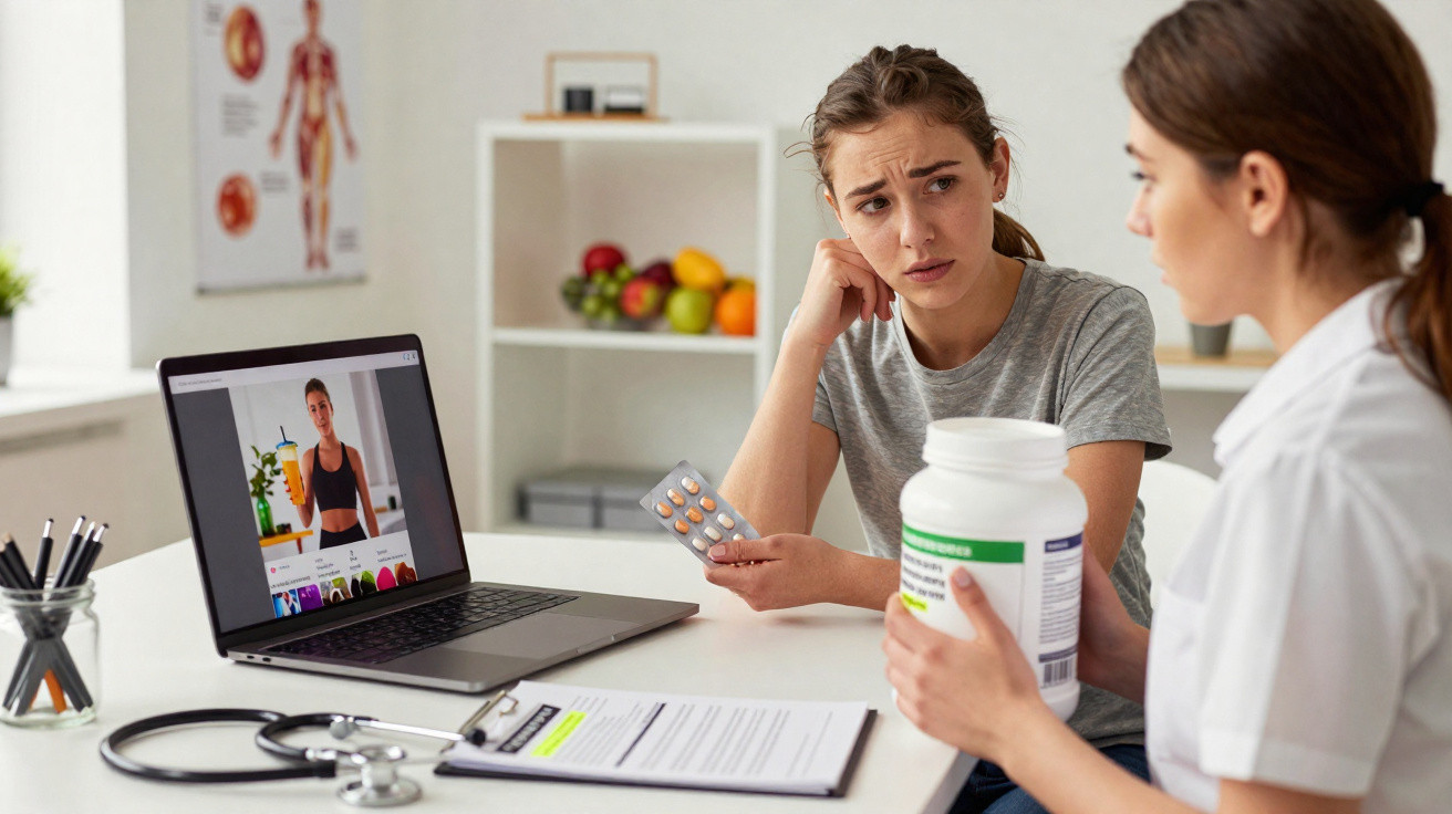 Mulher preocupada consulta nutricionista que mostra dieta no portátil numa consulta de saúde.