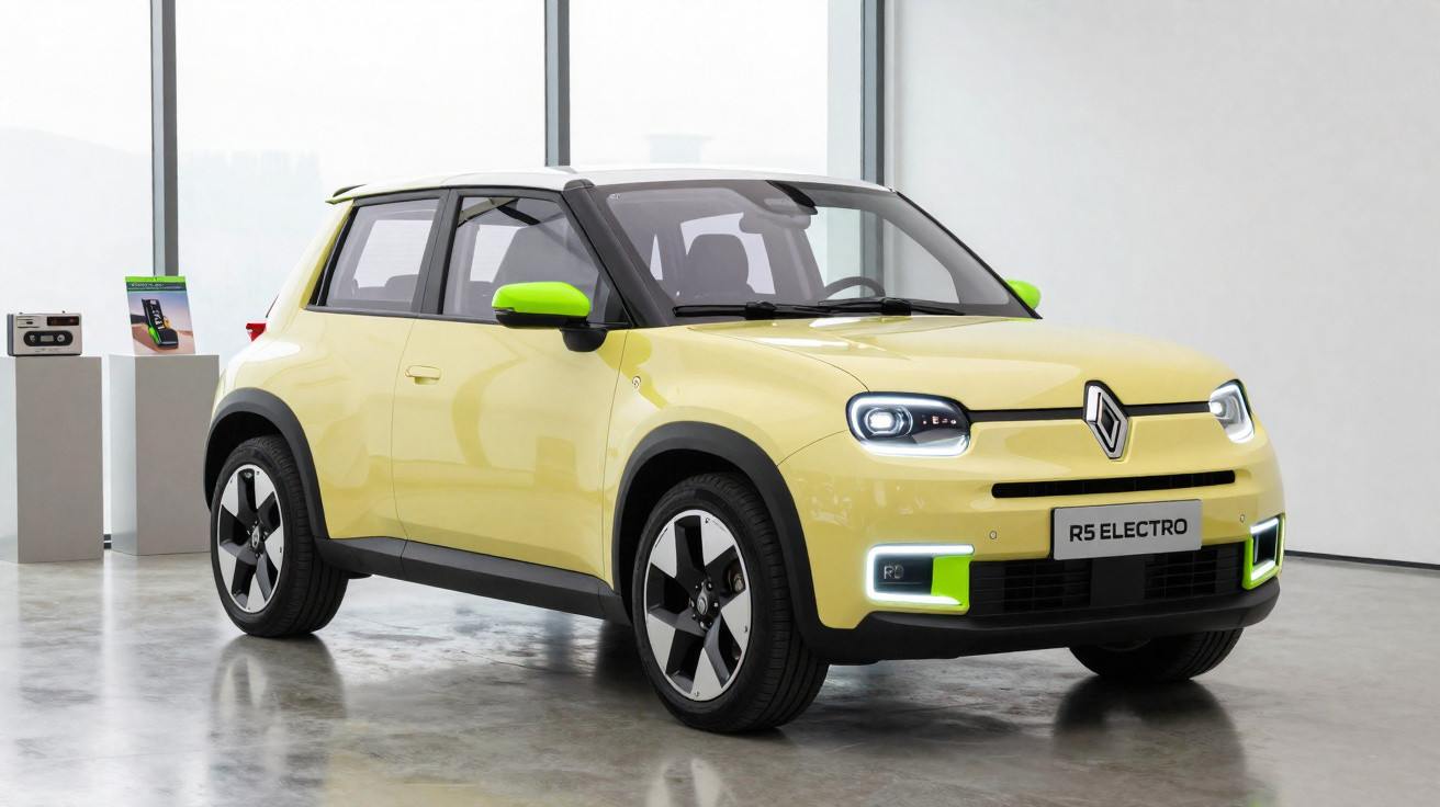 Carro compacto elétrico Renault R5 Electro amarelo com pormenores verdes em espaço expositivo moderno.