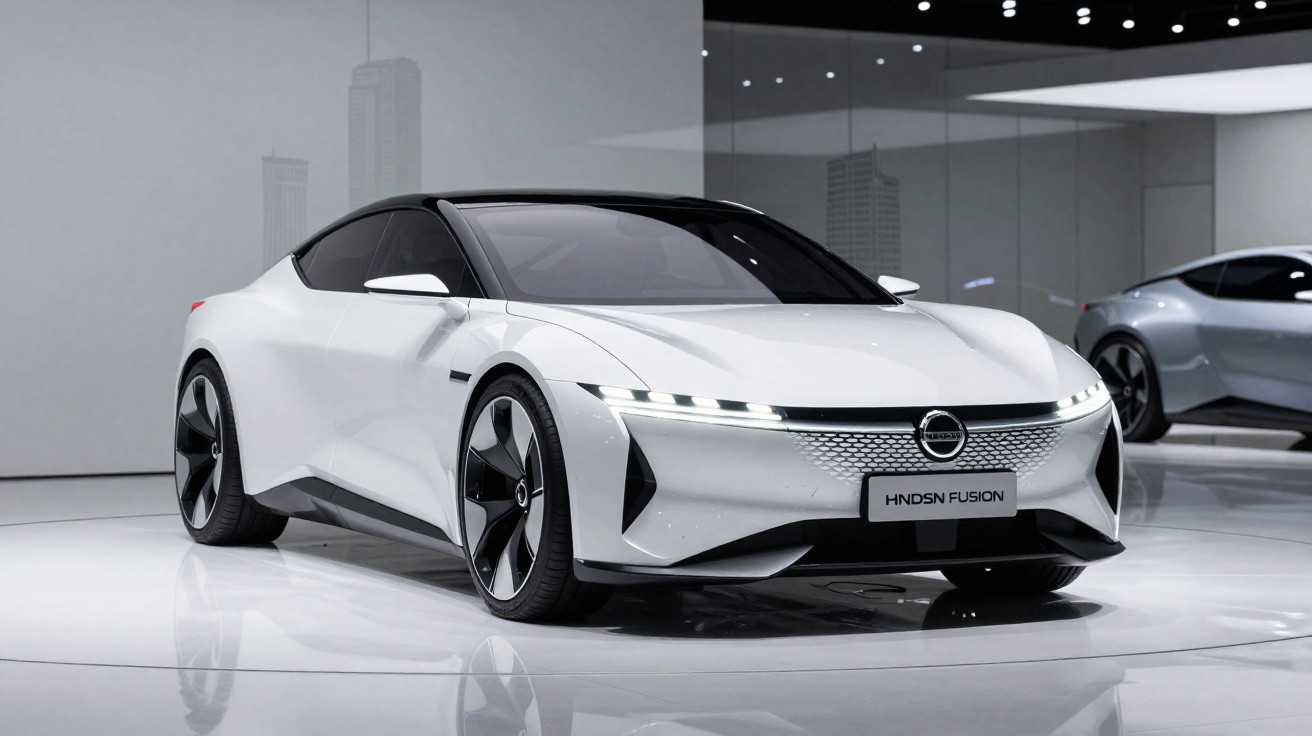 Automóvel elétrico branco com design moderno em exposição numa sala iluminada.