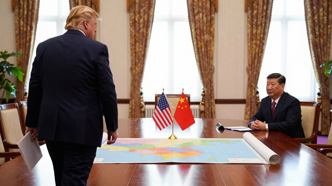 Reunião diplomática entre líderes da China e EUA com grande mapa sobre a mesa numa sala elegante.