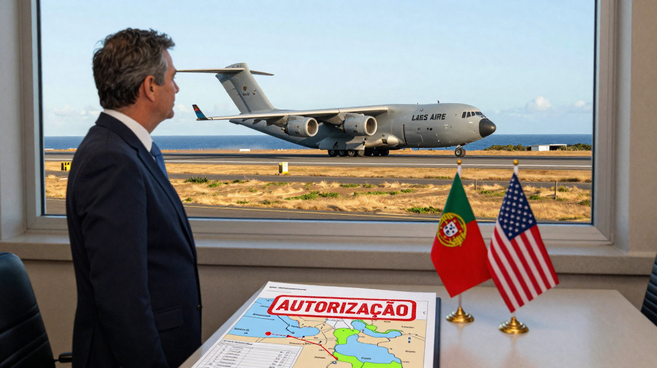 Homem de fato observa avião militar na pista, com bandeiras de Portugal e EUA e documento de autorização.