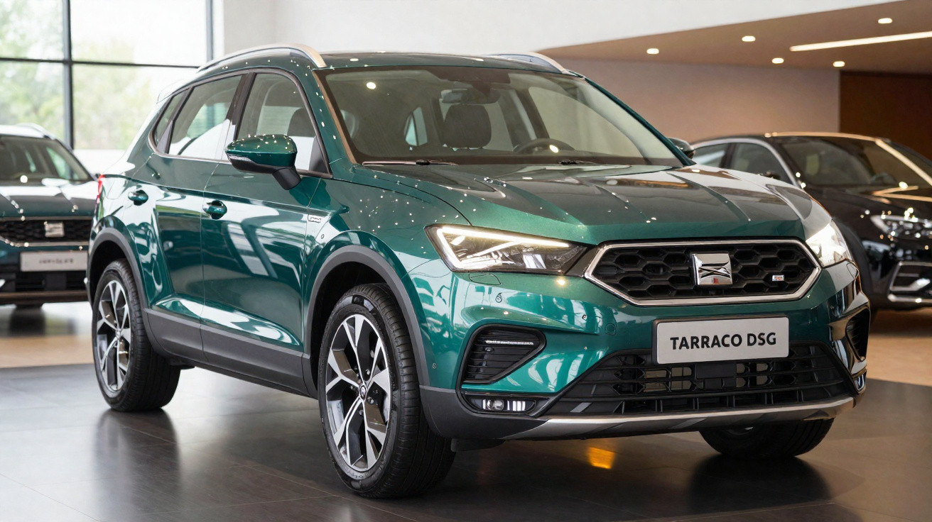 Automóvel SUV Seat Tarraco verde brilhante exposto em sala de venda moderna e iluminada.