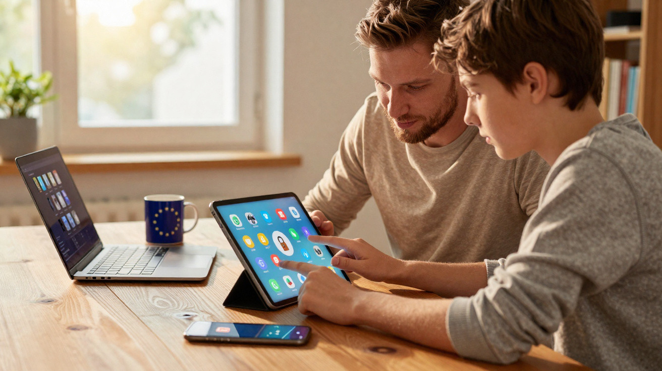 Pai e filho sentados à mesa a aprender juntos com tablet e computadores portáteis numa sala iluminada.
