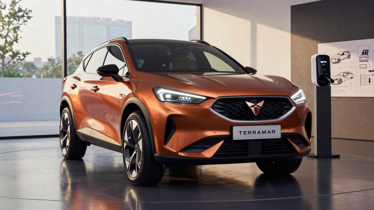 Carro SUV eléctrico cobre Cupra Terramar estacionado numa sala de exposições moderna com carregador.