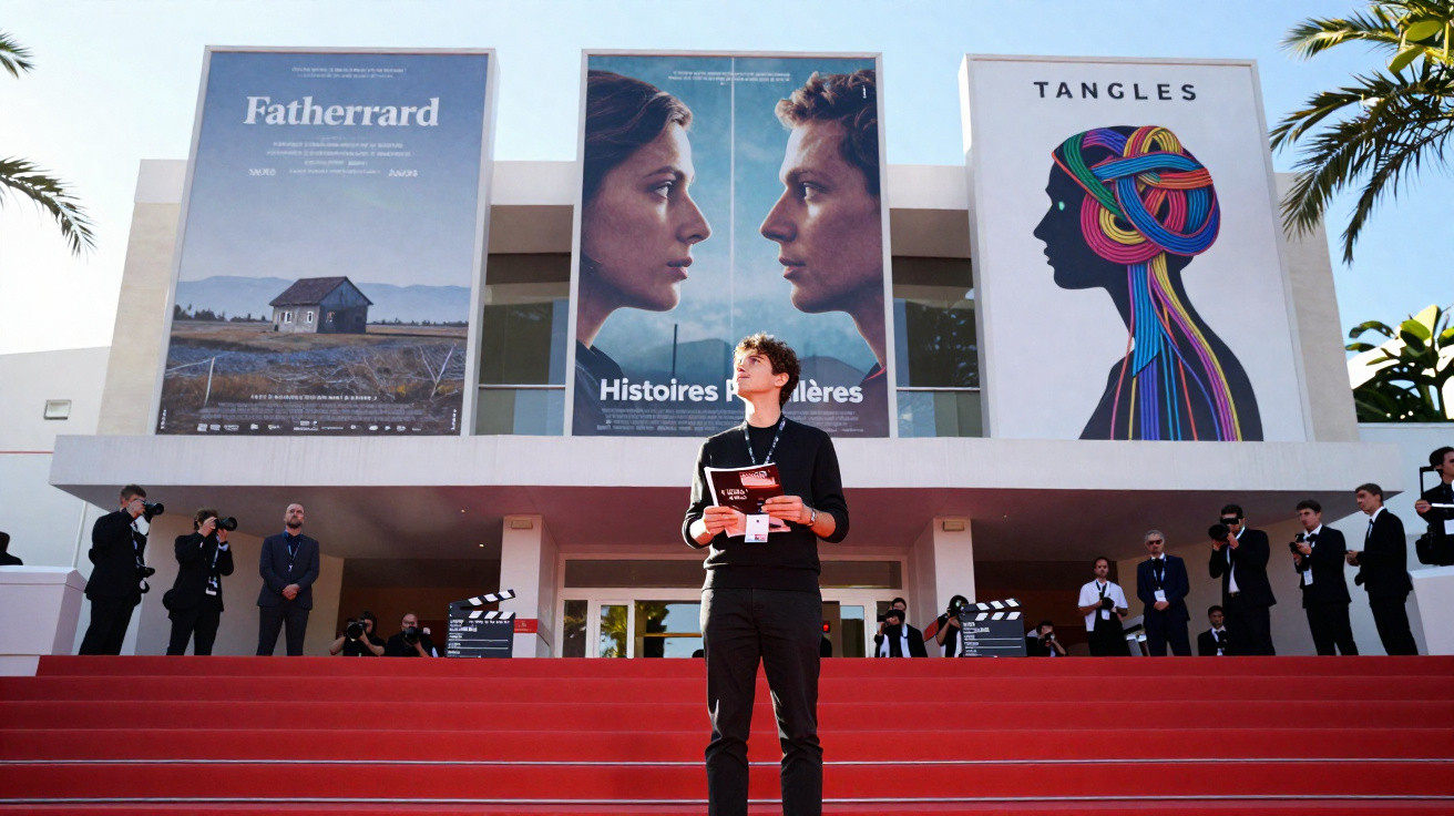 Homem de pé nas escadas vermelhas de um cinema com cartazes de filmes e pessoas ao fundo.