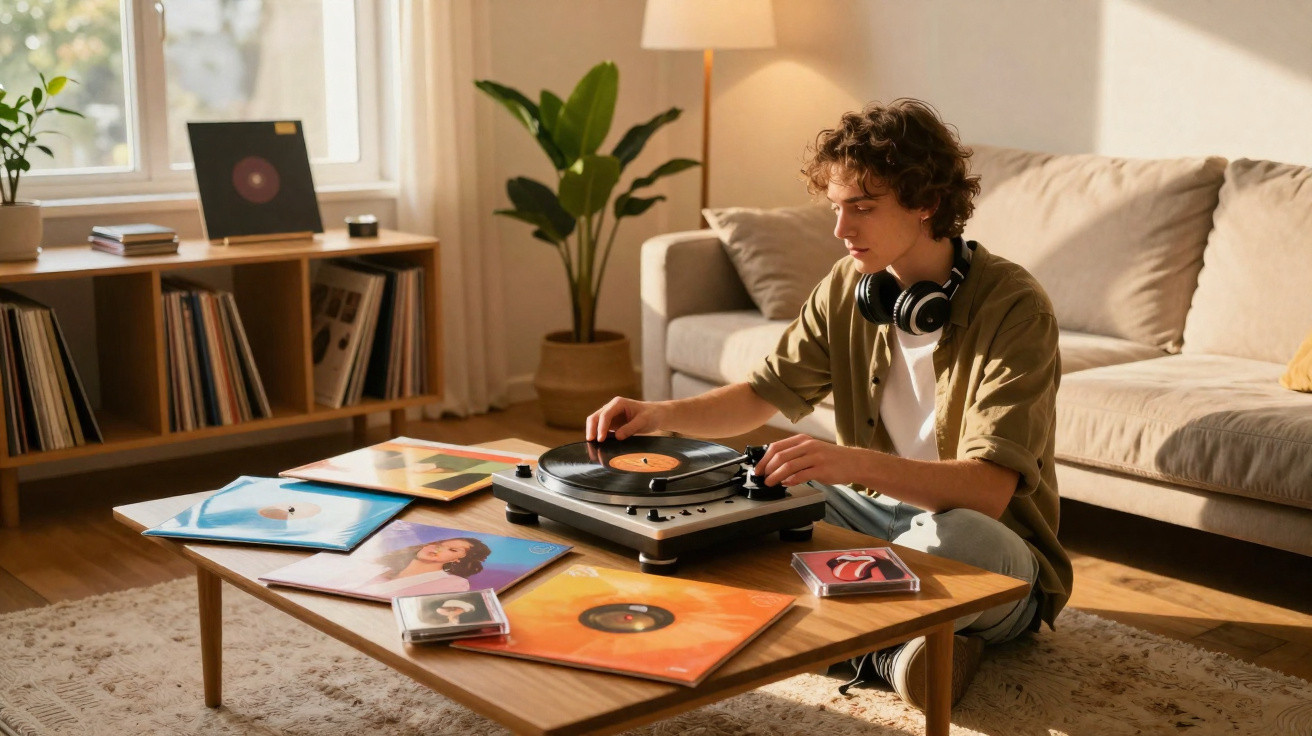 Jovem sentado no chão a ouvir música em gira-discos com discos de vinil espalhados numa mesa de madeira.