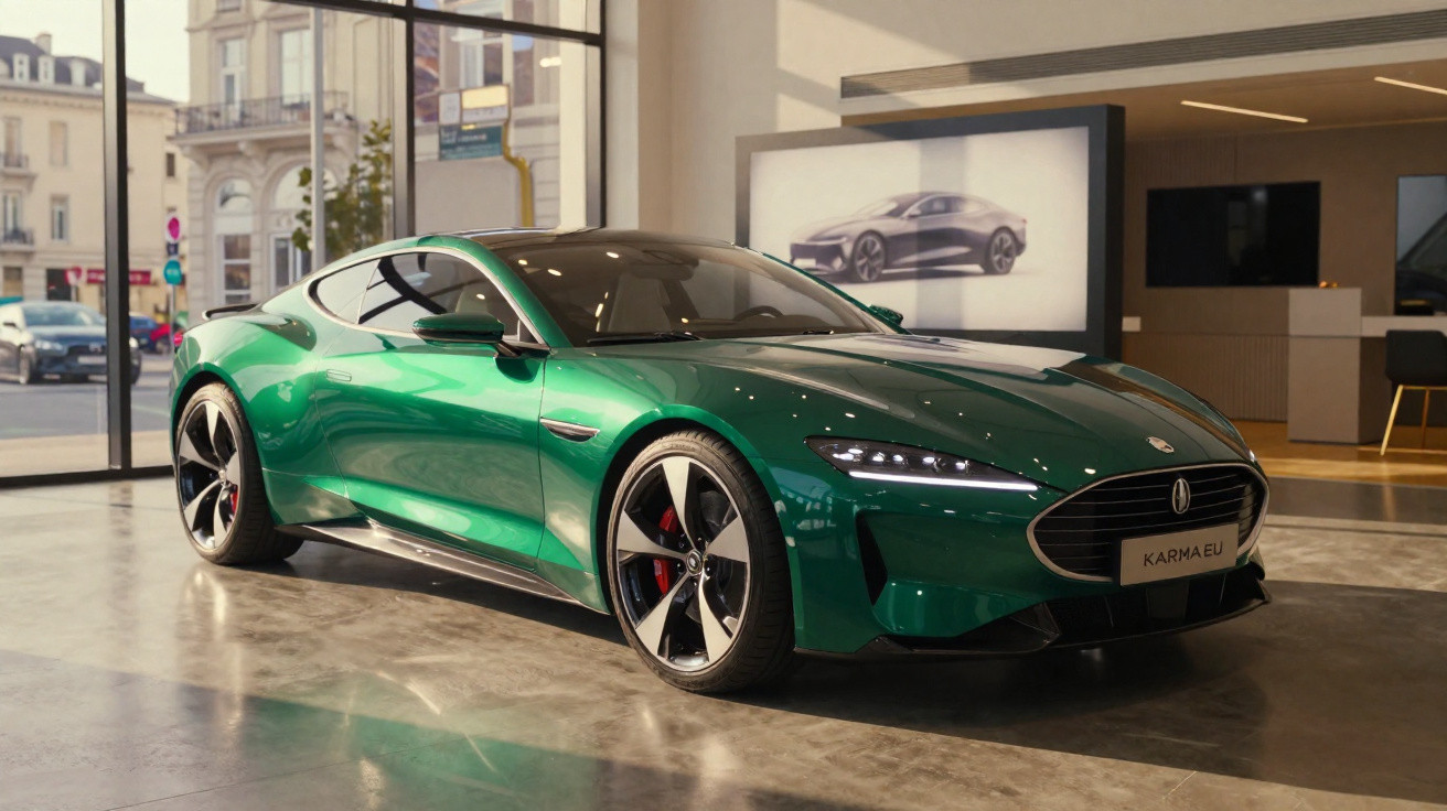 Automóvel desportivo verde metálico estacionado em showroom com paredes de vidro e esboços de carros na parede.