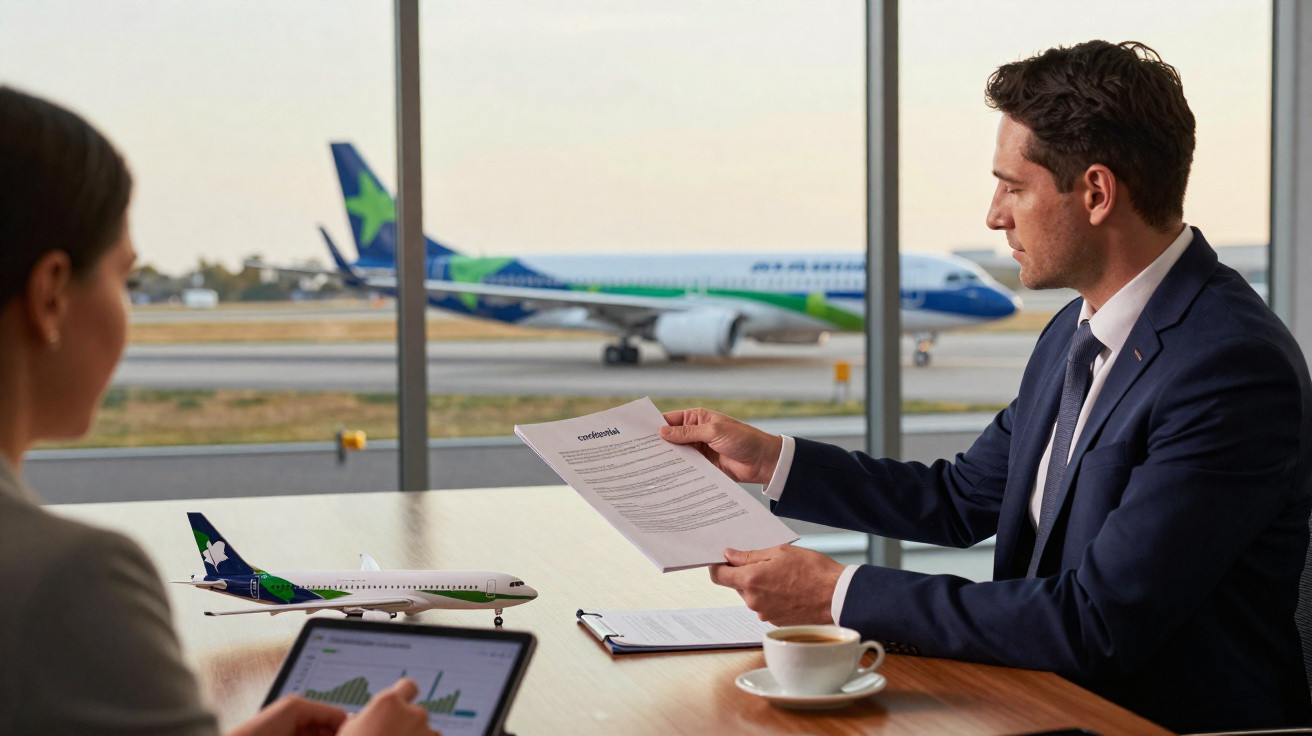 Dois homens de fato em reunião no aeroporto, com modelo de avião, tablets e documentos na mesa.