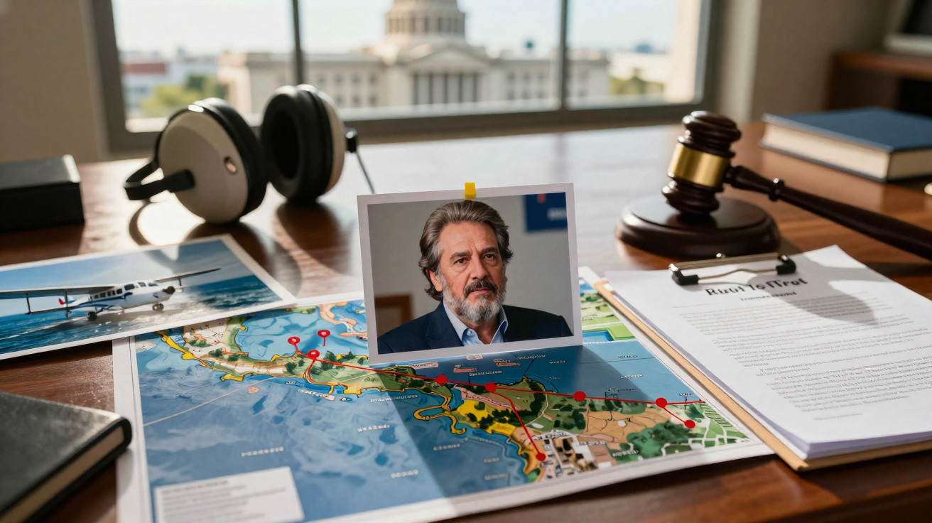 Mesa com fotografias, mapa com rota assinalada, fones, martelo de juiz e documento oficial.