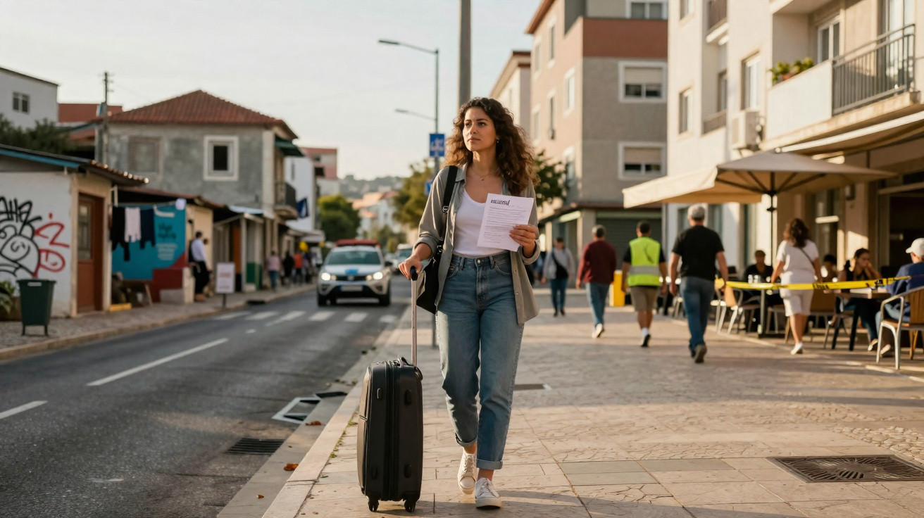 Mulher jovem caminha em passeio urbano com mala de viagem e documento na mão ao pôr do sol.
