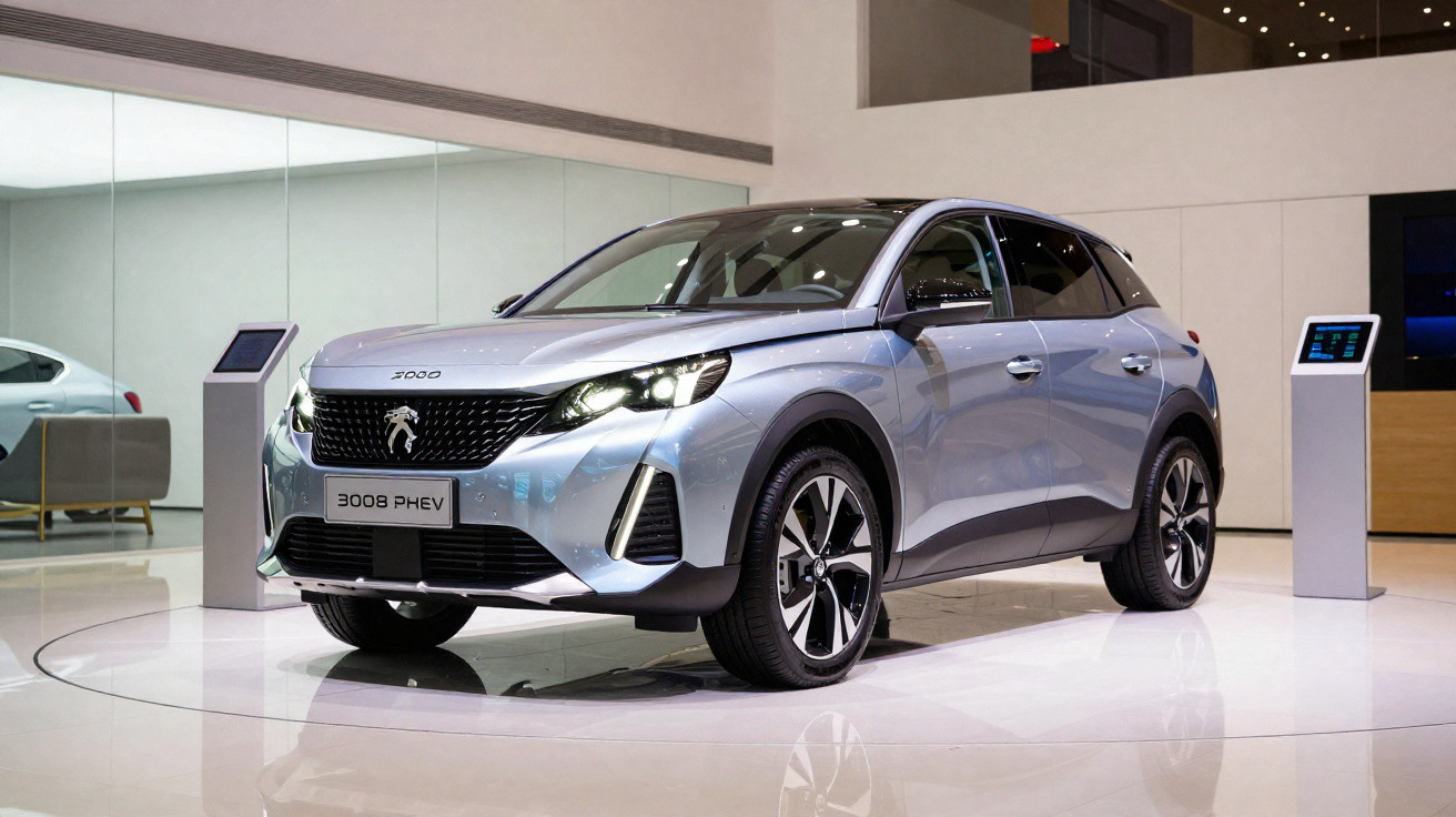 Carro elétrico Peugeot 3008 PHEV cinza a carregar numa estação numa sala moderna.