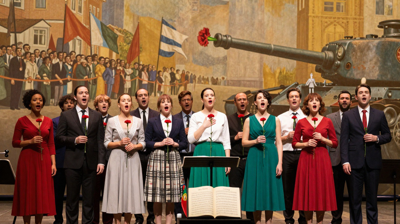Grupo de cantores em palco com flores vermelhas, tanque de guerra e mural histórico ao fundo.