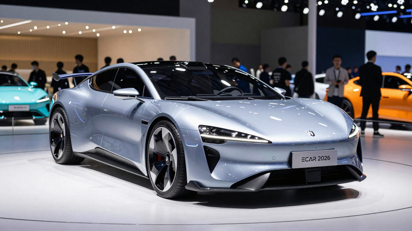 Carro desportivo elétrico prateado com design futurista exposto numa feira automóvel.