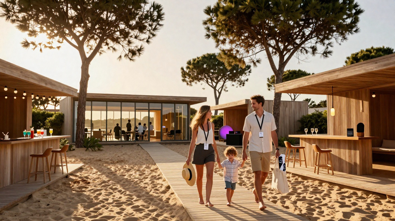 Família a passear numa passadeira de madeira na praia, com cabanas de madeira e árvores ao fundo ao pôr do sol.