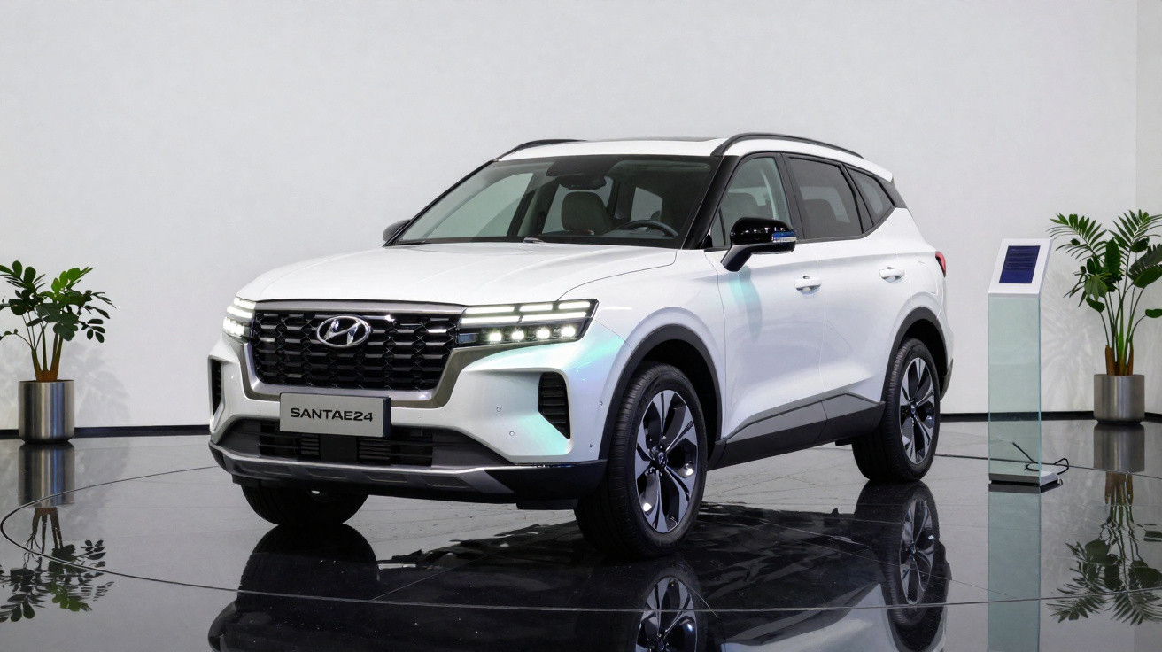 SUV Hyundai Santa Fe 2024 branco, expositor em stand com plantas ao fundo.