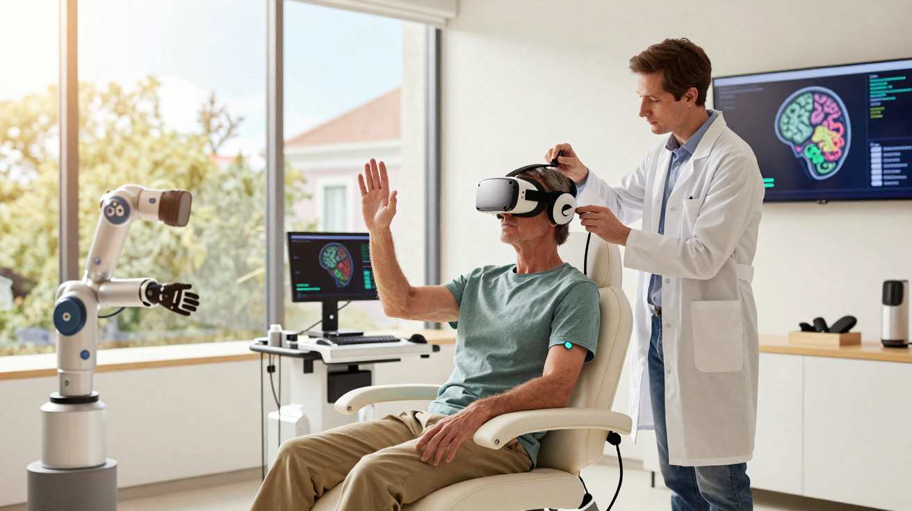 Médico ajusta óculos de realidade virtual em paciente sentado durante exame neurológico com tecnologia avançada.