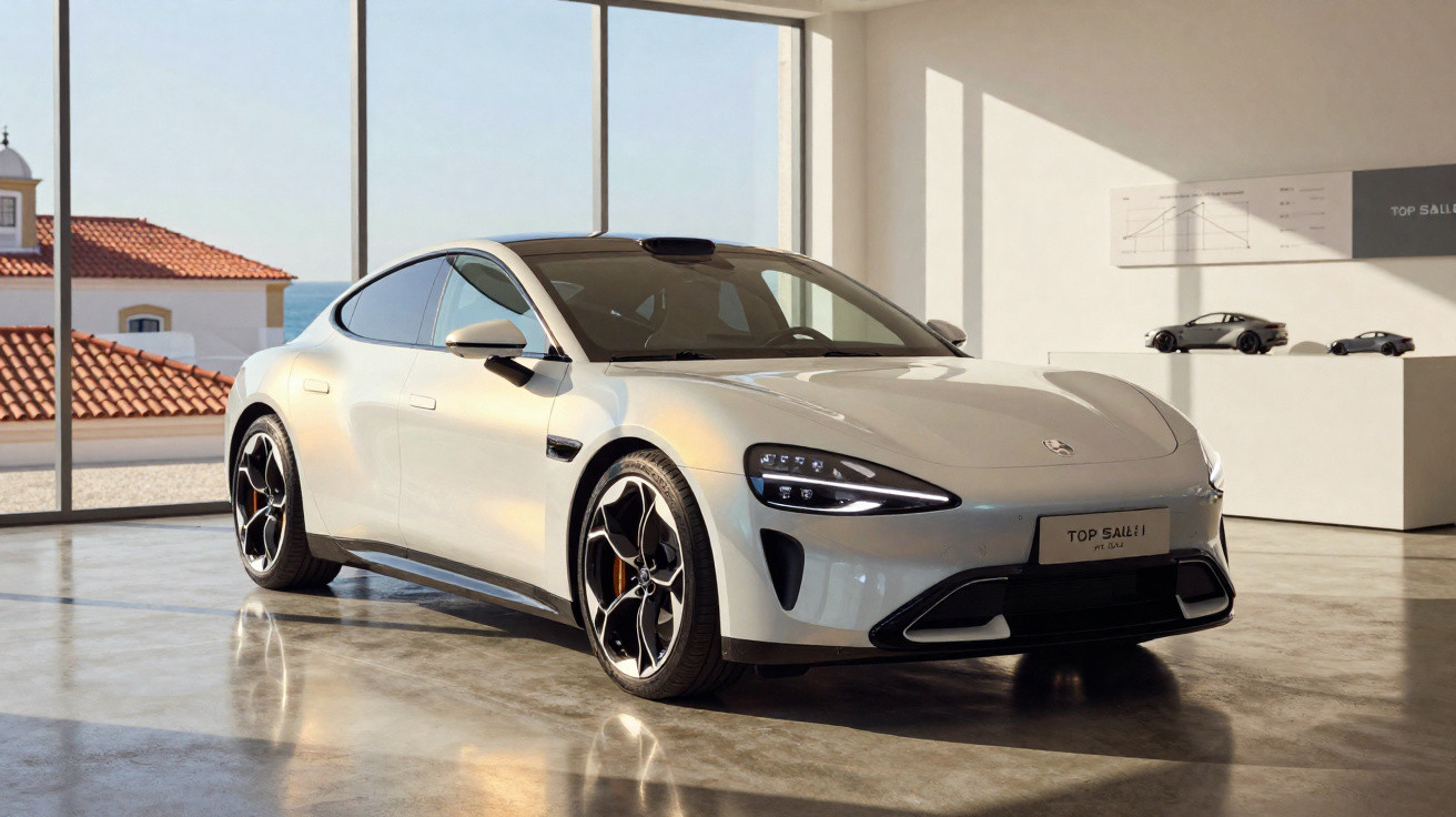 Carro desportivo branco estacionado numa sala com grandes janelas e vista para o mar ao fundo.