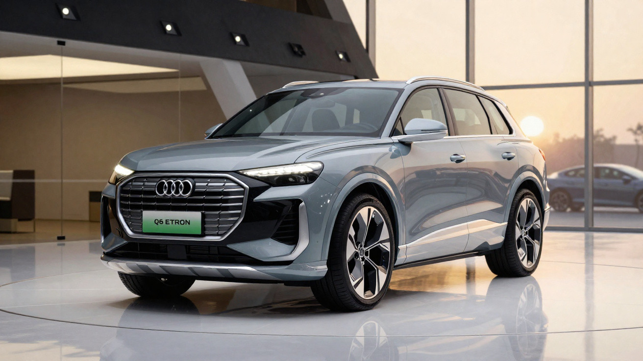 Audi Q5 e-tron cinzento estacionado em salão moderno com grandes janelas de vidro.