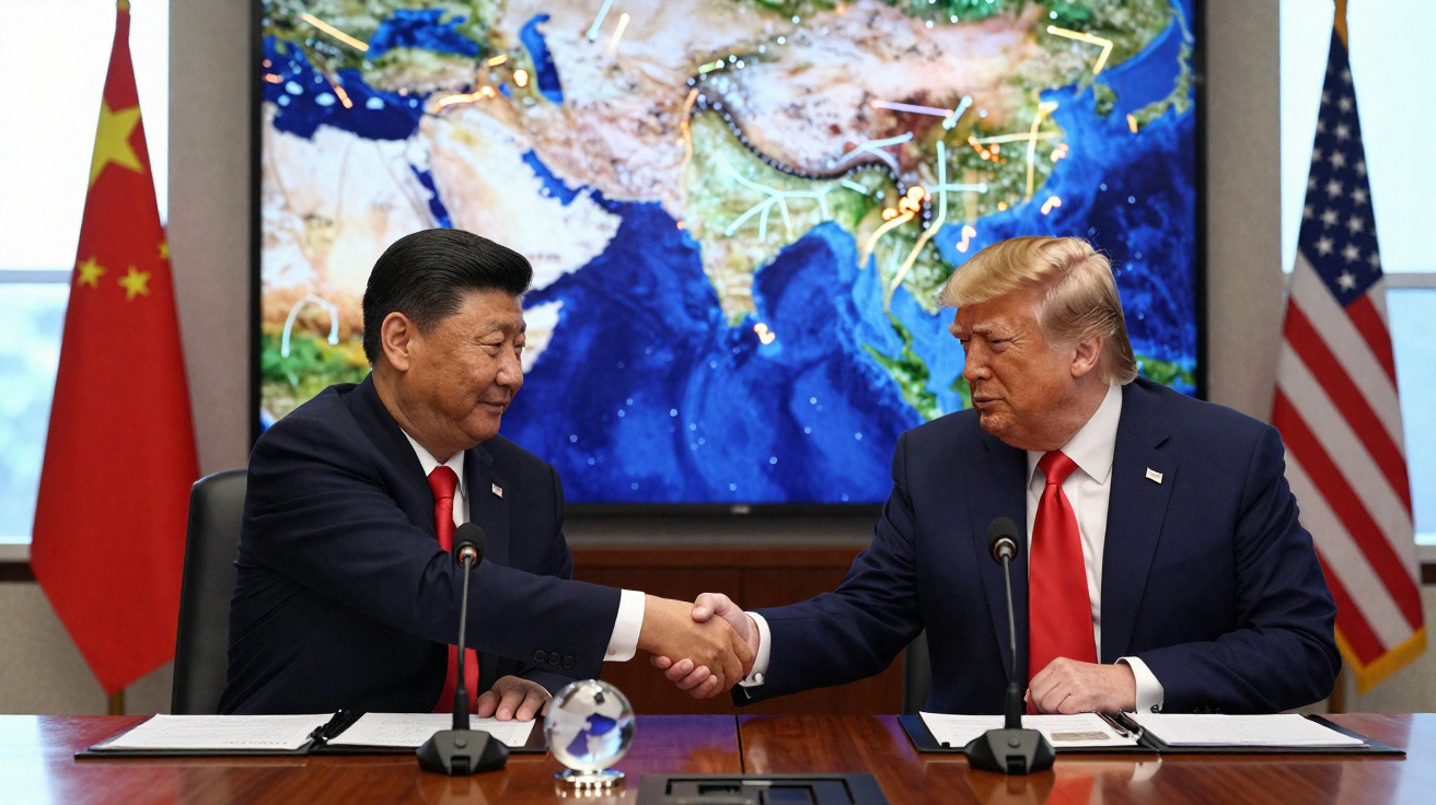 Líderes da China e dos EUA a apertar as mãos durante reunião com mapas no fundo.
