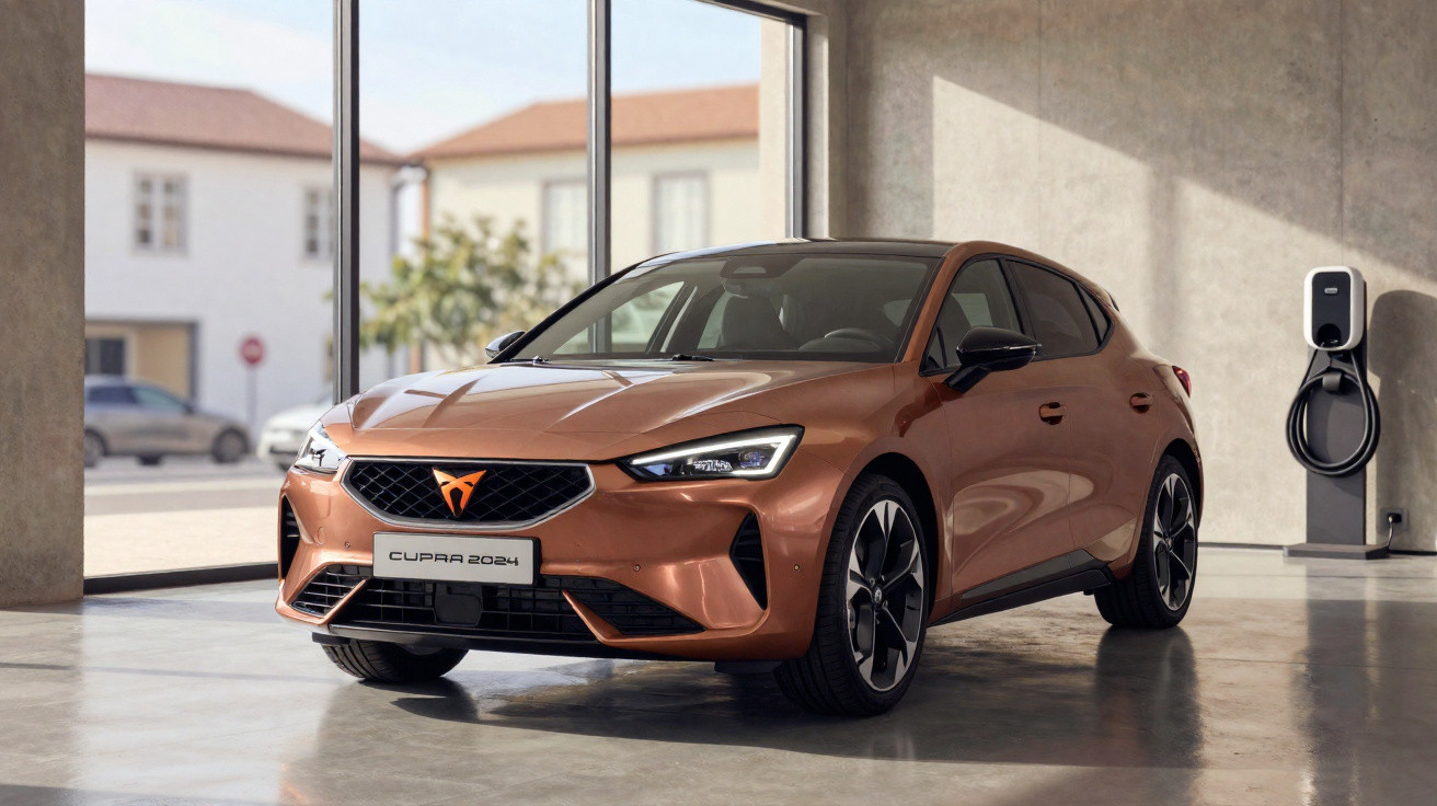 Automóvel Cupra 2024 de cor cobre estacionado em showroom moderno com pontos de carregamento elétrico.