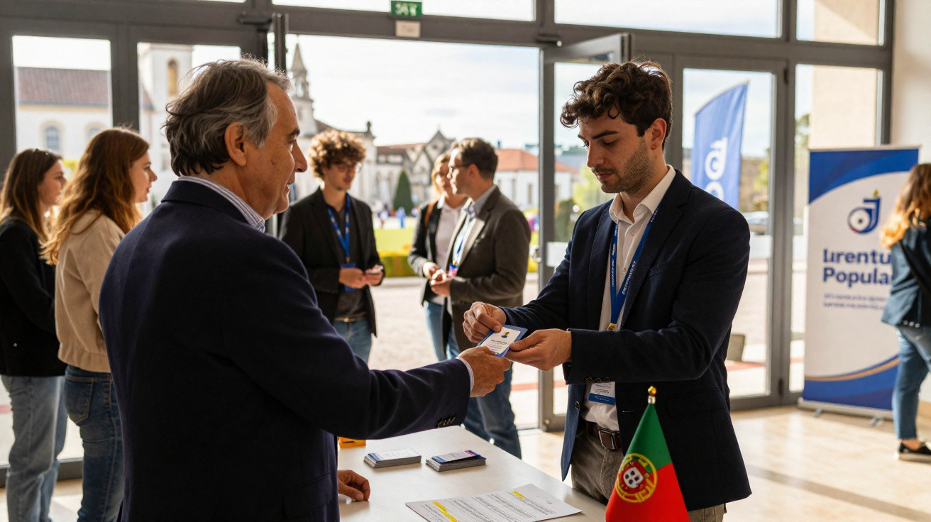 Pessoa entrega cartão a outra num evento formal com bandeiras portuguesas e cartazes de juventude popular.