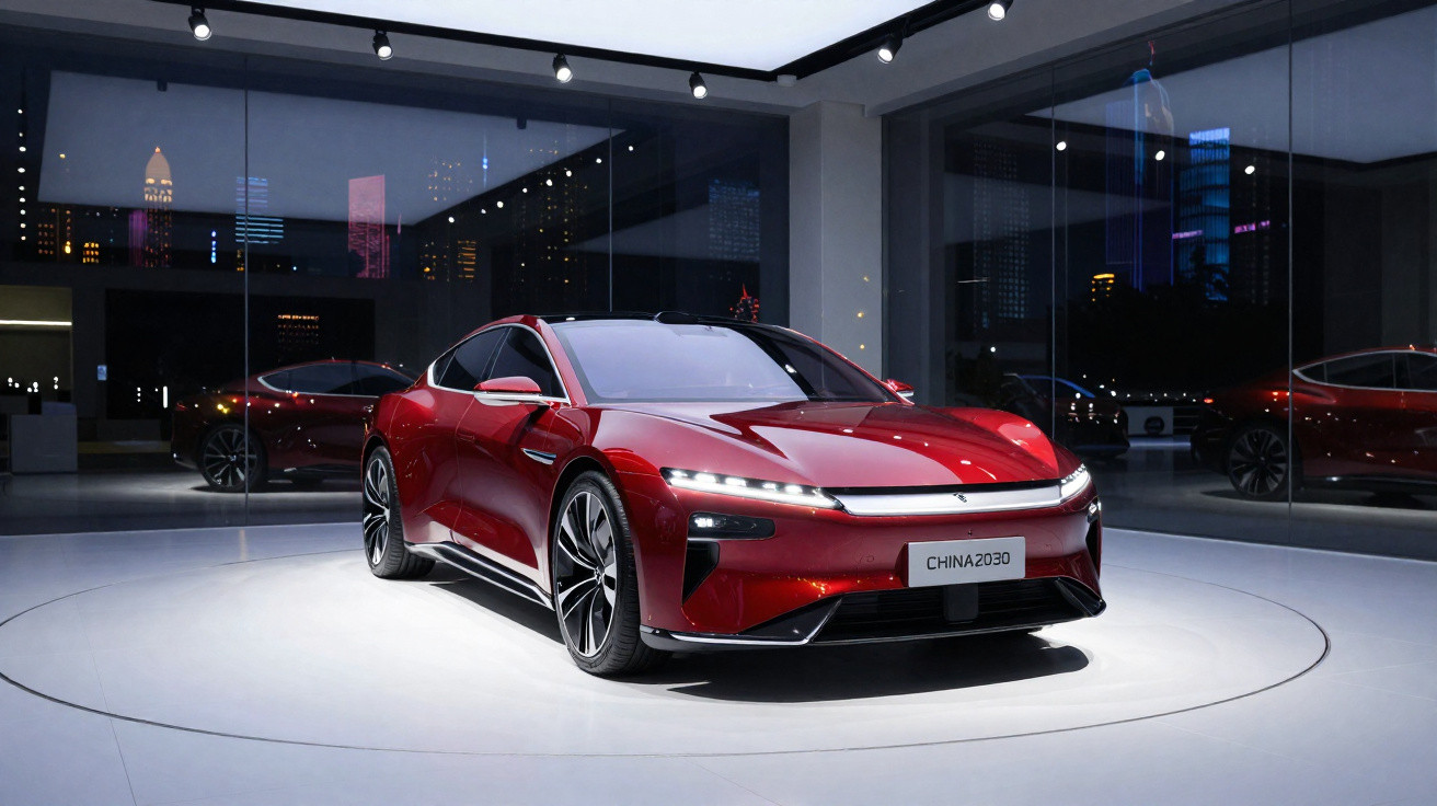 Carro elétrico desportivo vermelho exposto em sala com iluminação e paredes de vidro reflexivas.