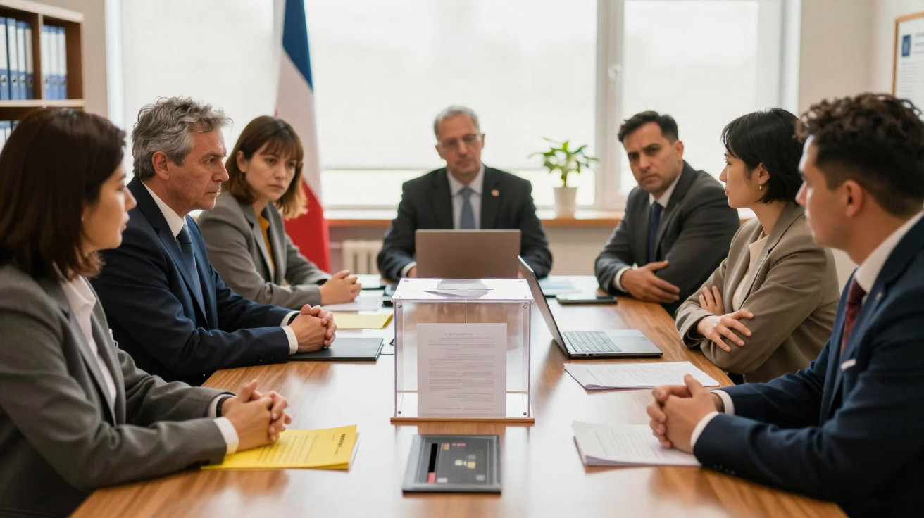 Seis pessoas em reunião formal à volta de mesa com computadores e documentos, bandeira ao fundo.