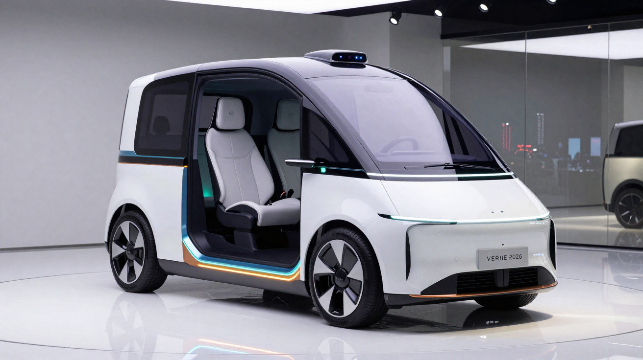 Veículo autónomo elétrico futurista branco com portas deslizantes abertas exibindo interior moderno.