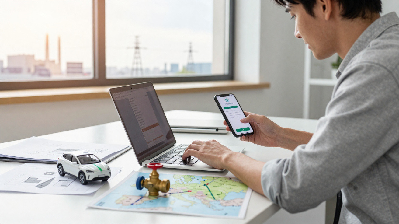 Homem a trabalhar no portátil com smartphone, junto a maquetes de carro, mapa e planta arquitetónica numa secretária.