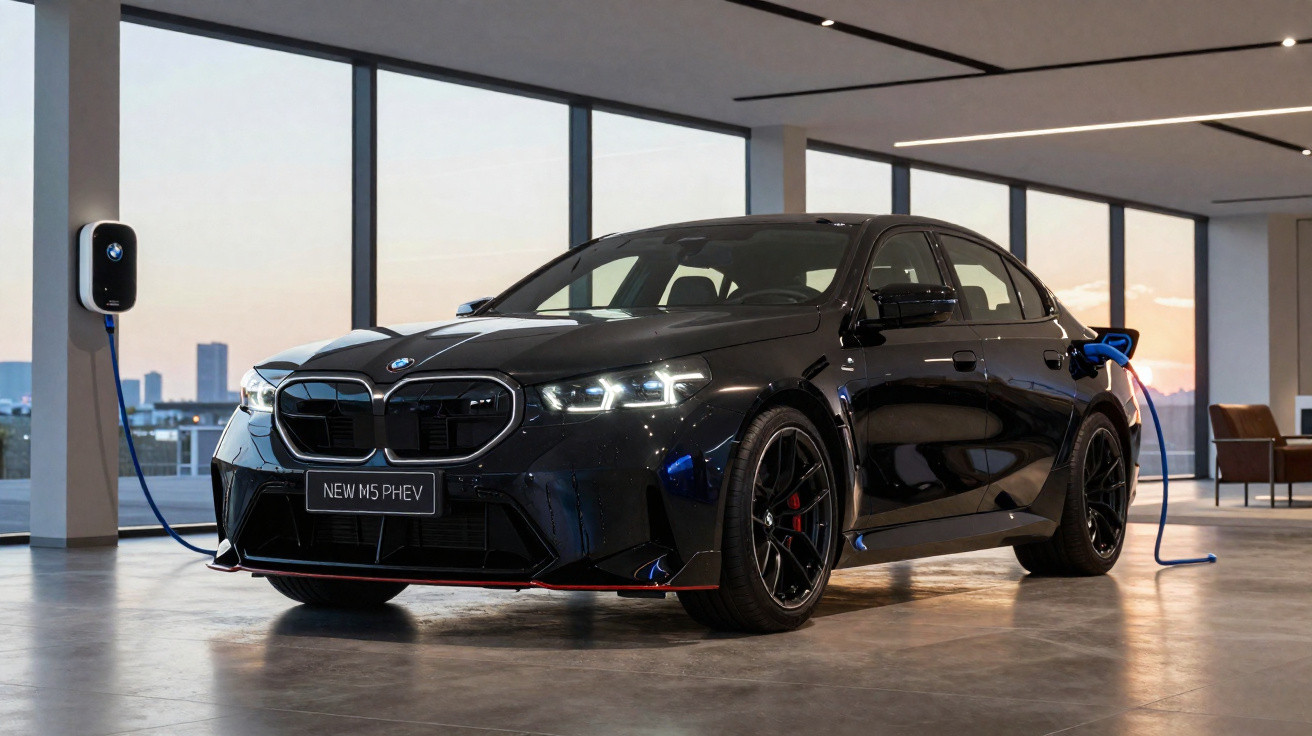 Carro elétrico BMW M5 PHEV preto a carregar numa estação de carregamento em garagem moderna.