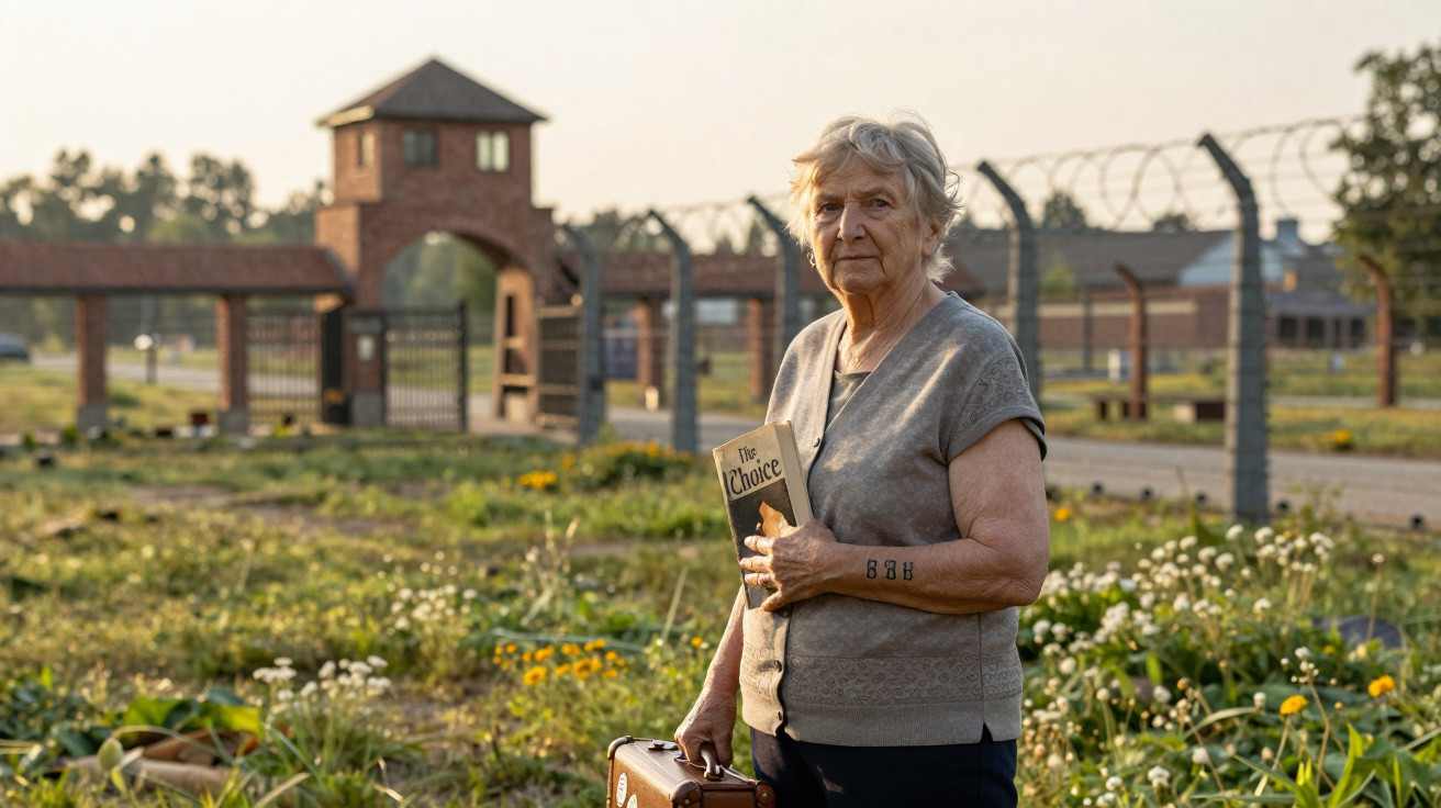 Mulher idosa segura um livro e uma mala, num campo com flores perto de construção cercada por arame farpado.