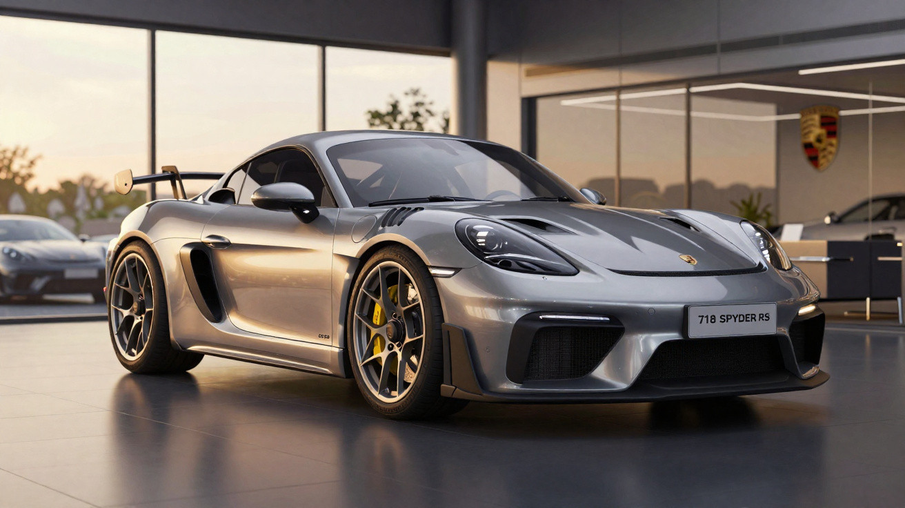Carro desportivo Porsche 718 Spyder RS cinza numa garagem com iluminação quente.